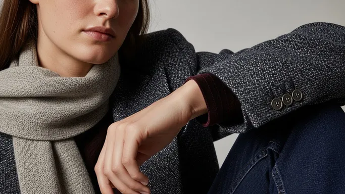 A close crop highlighting fabric and construction: tweed texture, scarf knit, sleeve buttons, and a relaxed hand pose that sells material realism and craftsmanship.