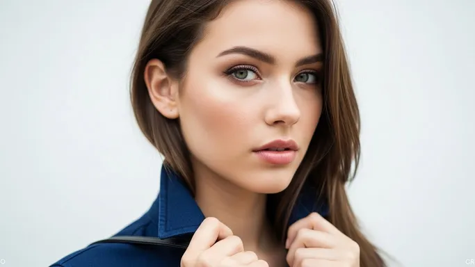 A crisp beauty portrait with soft, balanced light—direct eye contact, natural makeup, and textured shoulder-length waves emphasizing presence and character.