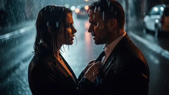 On a rainy night street, the woman grips the man’s tie/lapel as they face off (emotional friction and forward momentum).