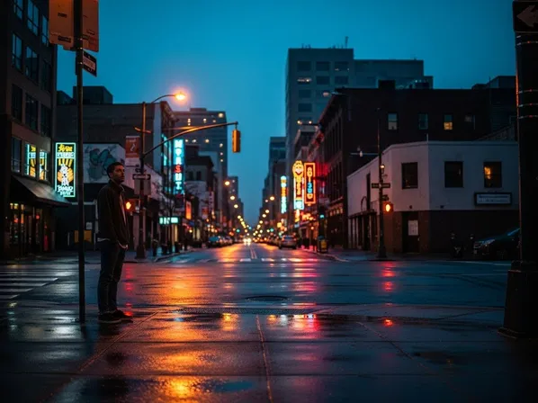 Flat city street composition example — random camera placement with weak perspective and no clear visual path, resulting in an observational, low-impact urban scene (before leading lines composition).