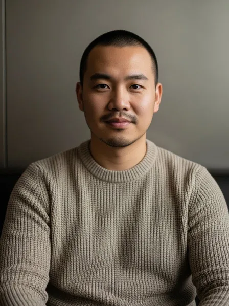 Flat indoor ambient portrait lighting example — even illumination with low contrast and minimal shadows, causing the subject to blend into the background (before natural window light).