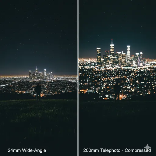 Cinematic comparison of a 200mm telephoto shot with compressed, dramatic city lights versus a 24mm wide-angle shot with distant, smaller background lights.