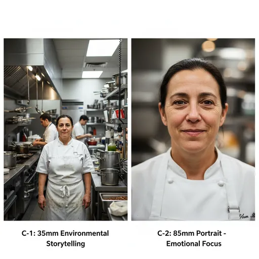 Environmental storytelling comparison showing a 28mm kitchen scene full of contextual background elements versus an 85mm shot emphasizing the chef's expression.