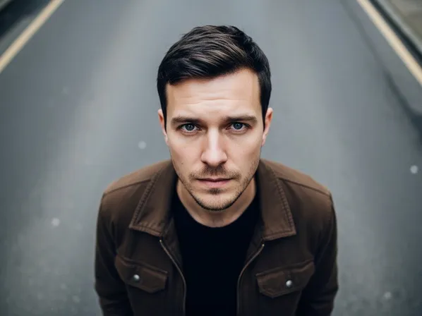 High-angle portrait example (vulnerable character) — camera looks down from above, making the subject appear smaller while the ground dominates the frame for a watched, fragile, and powerless mood (before low-angle heroic shot).