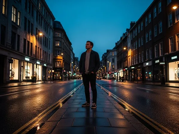 Leading lines street photography composition example — road and building edges converge toward the subject, creating strong perspective and directing the viewer’s eye for a dynamic, intentional city scene (after flat composition).