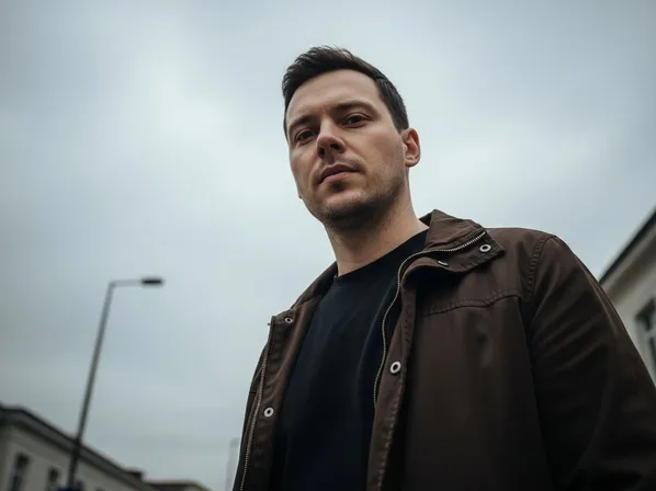 camera looks up from below, enlarging the subject and filling the background with sky for a powerful, dominant, cinematic hero framing.