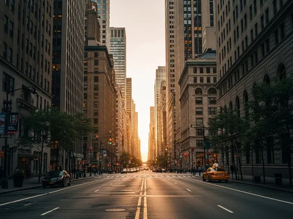Eye-level street photography perspective example — standing camera height with moderate depth, minimal line convergence, and a calm urban composition without a strong vanishing point (before dramatic low-angle perspective).