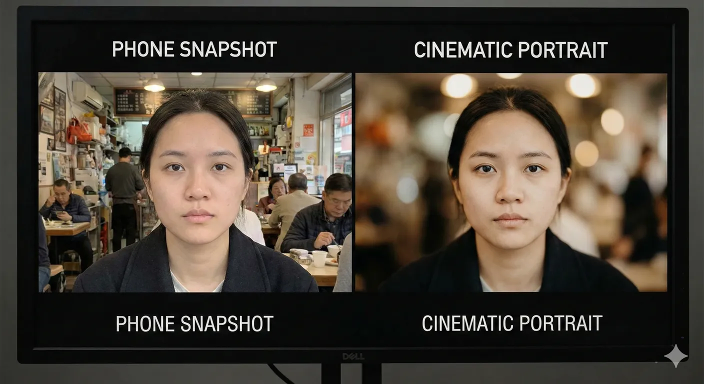 Comparison of a flat portrait with no background blur versus a cinematic portrait with shallow depth of field at f/1.8, showing how background separation enhances professional visual impact.