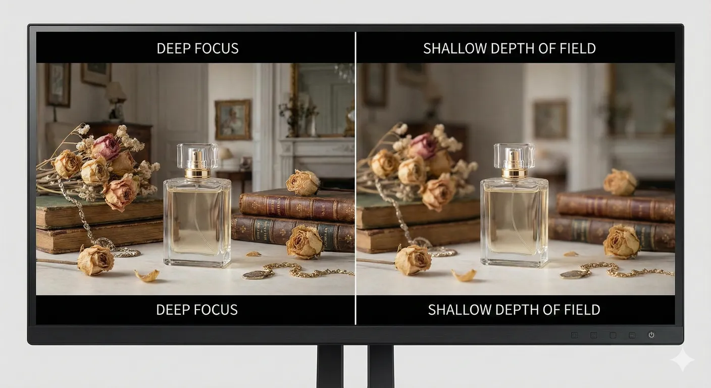 Comparison of a deep-focus product scene where all objects appear sharp versus a shallow-focus version highlighting only the main product while blurring surrounding items.