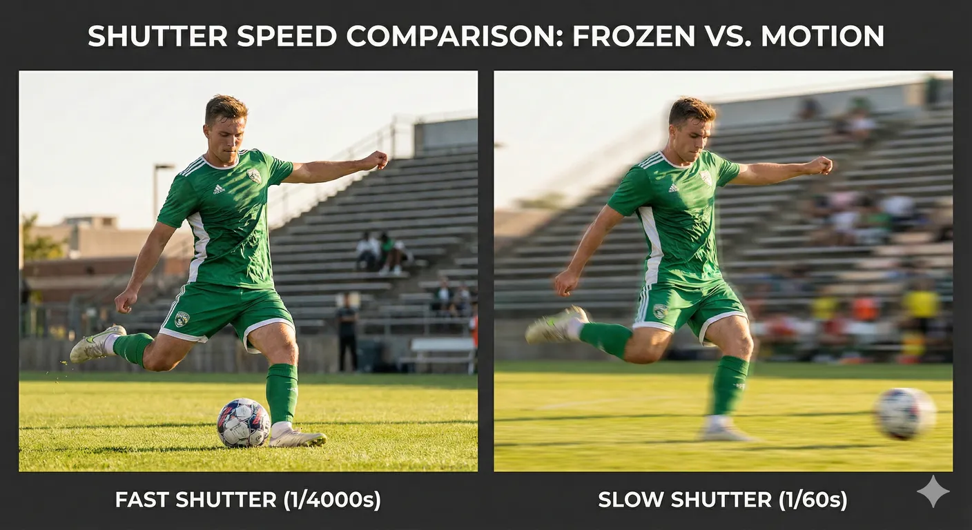 Shutter speed comparison showing a soccer player frozen mid-kick with a fast shutter versus a dynamic version with motion blur on the legs and ball, conveying energy and movement.