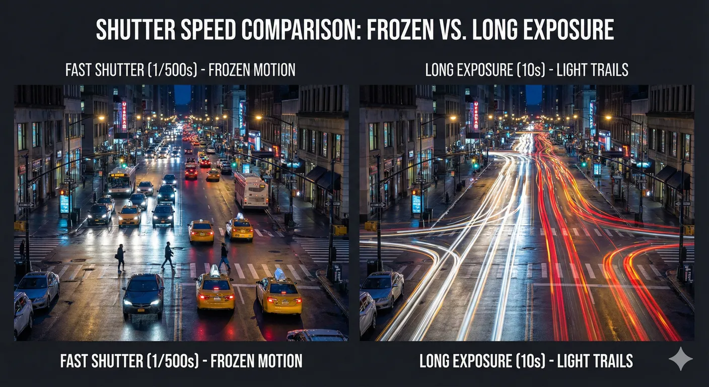 Night city comparison between a fast shutter scene with frozen cars and sharp lights versus a long-exposure view where headlights and taillights stretch into flowing light trails.