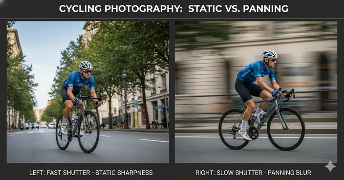 Motion comparison of a cyclist with everything sharp versus a panning-style image where the subject remains sharp while the background blurs directionally to emphasize speed.