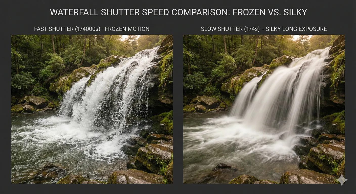 Water texture comparison showing a waterfall captured with a fast shutter freezing individual droplets versus a slow-shutter version rendering the water as smooth, silky streams.