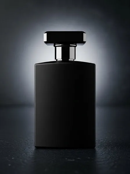 Unbalanced product lighting example for perfume bottle — uncontrolled reflections and uneven highlights reduce separation from the dark background (before three-point studio lighting).