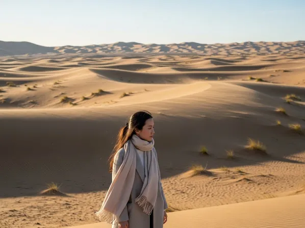 Wide environmental portrait example — establishing wide shot with the subject small in frame and a vast desert landscape dominating to emphasize scale, isolation, and atmosphere (before intimate close-up portrait).