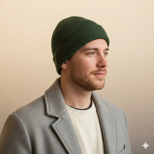 A winter-casual profile: green knit beanie, gray coat, and cream sweater on a warm neutral background—calm, approachable, seasonal styling.