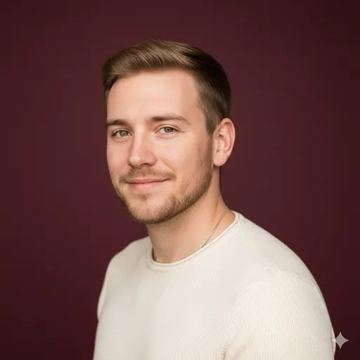 A warm, minimal portrait on a deep burgundy background with a cream knit top—soft, personable, and premium-feeling color contrast.