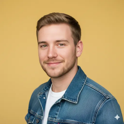 A bright, friendly portrait on a butter-yellow background with a denim jacket—approachable, upbeat, and social-media ready.