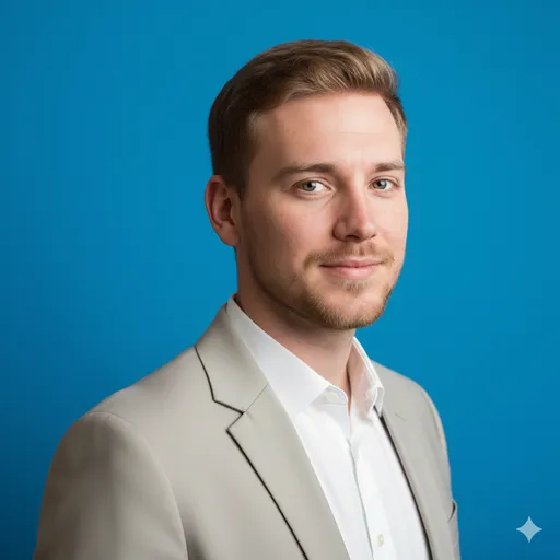 A semi-formal headshot on a cobalt-blue background, light beige suit with a white shirt—bright, corporate-friendly, and minimal.