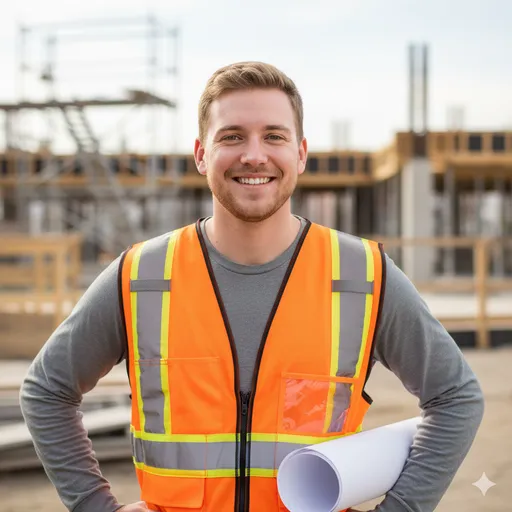 A construction-site portrait in a high-visibility safety vest holding rolled plans—clear trade identity, upbeat energy, and project leadership.