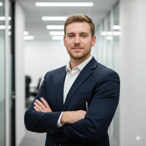 A bright office corridor portrait with arms crossed in a tailored suit—confident, consultative stance with modern corporate minimalism.