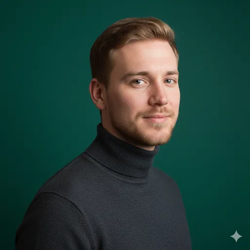 A polished head-and-shoulders portrait on emerald green with a charcoal turtleneck—smart, refined, and corporate-friendly.