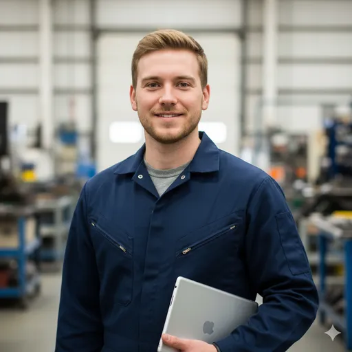 An engineer on a shop floor in navy coveralls holding a laptop—hands-on credibility with a technical, practical work context.