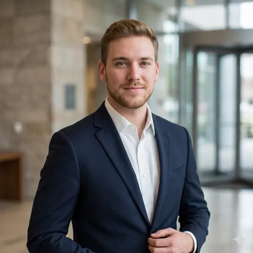 A corporate lobby portrait in a navy suit and white shirt—polished grooming, calm expression, and an upscale, executive presence.