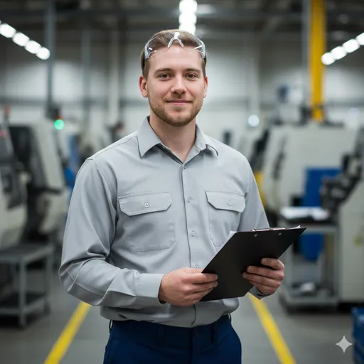 A modern factory setting with the subject wearing safety glasses and holding a clipboard—clean industrial environment, confident posture, and operational professionalism.