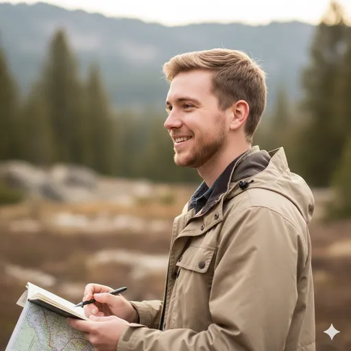 An outdoor field-research portrait: smiling subject in a light jacket holds a map and notebook with mountains and evergreens softly blurred behind—curious, capable, and approachable.