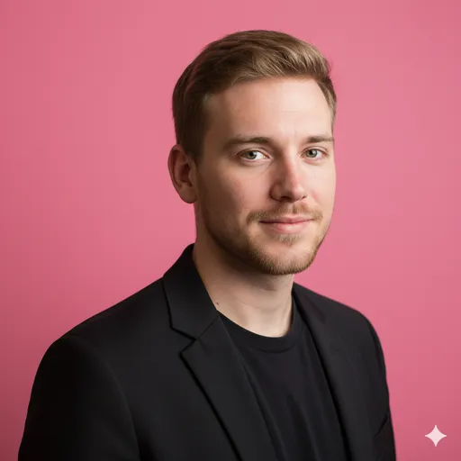 A bold, social-ready portrait on hot pink—black blazer styling with a calm expression for high contrast and energy.