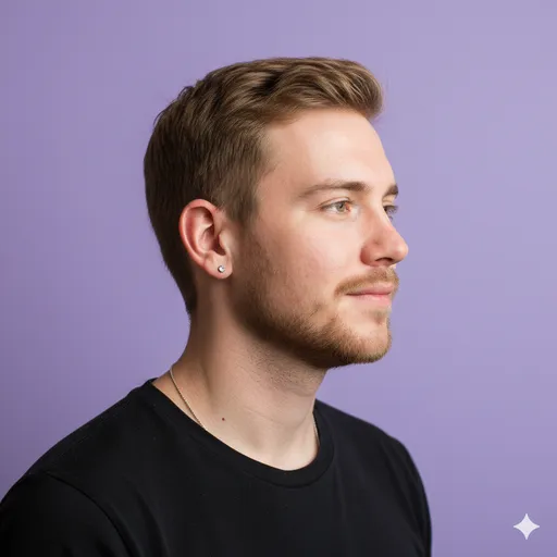 A soft lavender backdrop with subtle silver accents (ear stud)—clean profile framing with modern, gentle color.