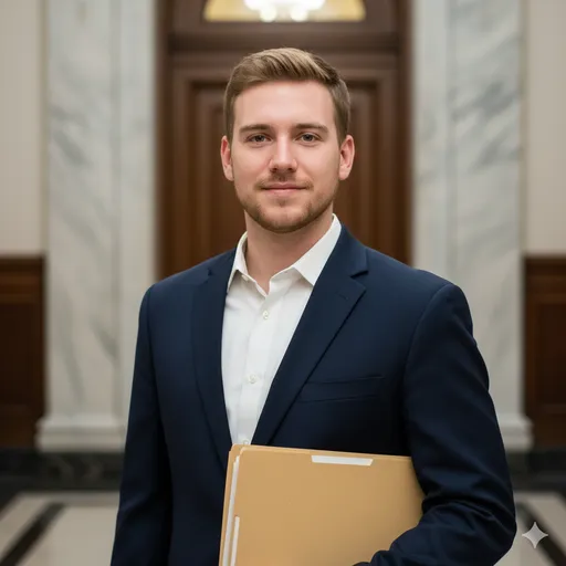 A formal interior with marble and wood detailing—subject in a suit holds a file folder, conveying legal professionalism and authority.