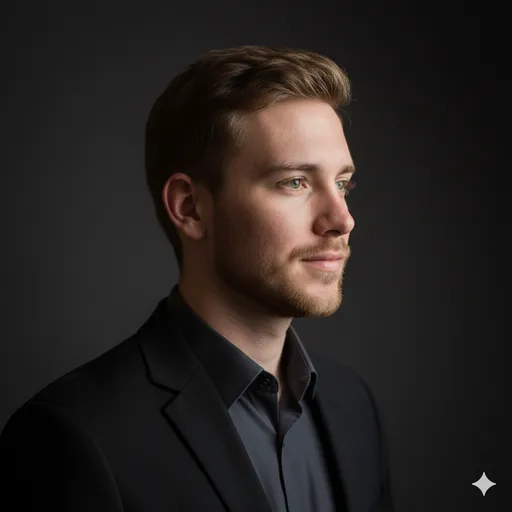 A premium low-key studio profile on a dark background—black suit styling and controlled highlights for a luxury feel.