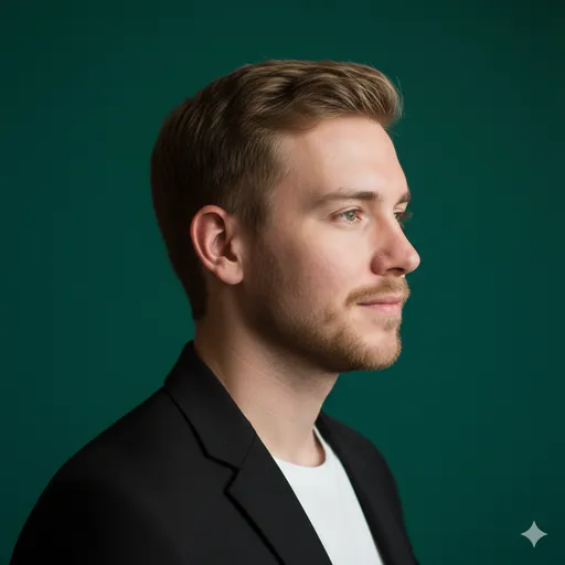 A crisp side-profile on a deep green backdrop with a black blazer—minimal composition with strong color impact.