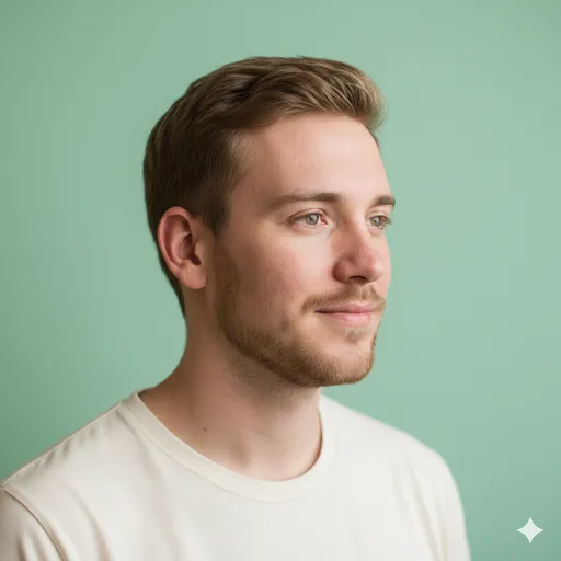 A clean side-profile portrait on a mint background with a white tee—fresh, minimal, and approachable.