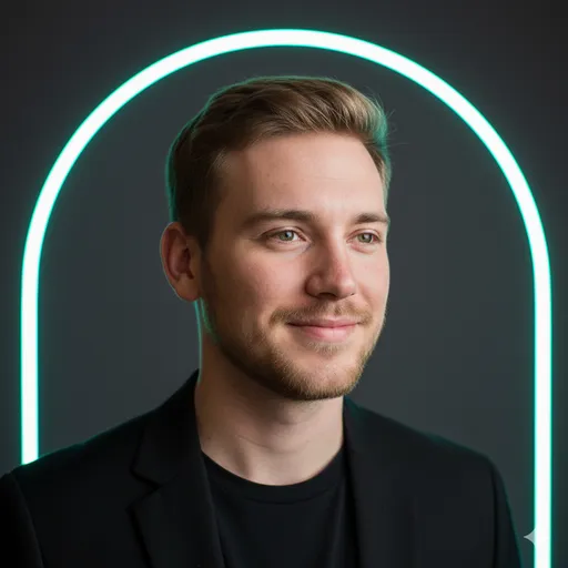 A studio headshot framed by a neon arch outline—tech-forward, playful, and visually distinctive without clutter.
