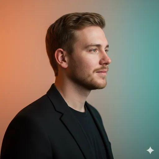 A clean side-profile against an orange-to-teal gradient—cinematic color transition with minimalist styling.