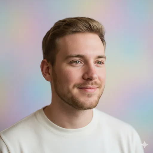 A soft pastel holographic gradient backdrop with a white tee—airy, modern, and approachable with subtle color play.