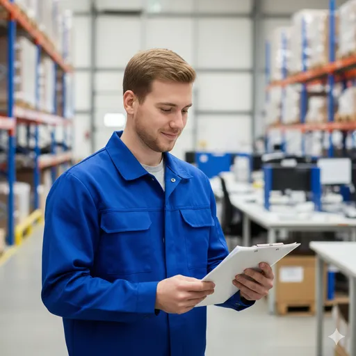 A warehouse operations portrait in blue workwear reviewing a clipboard—organized workflow, practical competence, and logistics readiness.