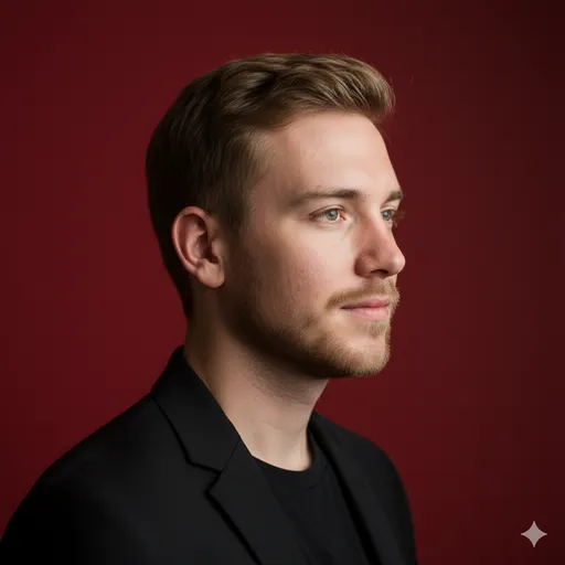 A clean side-profile on a deep red background with a black blazer—minimal styling with bold, high-contrast impact.