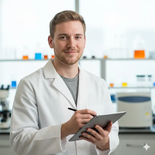 A research-scientist portrait in a lab coat holding a tablet and stylus—clean laboratory environment, composed expression, and credible technical focus.