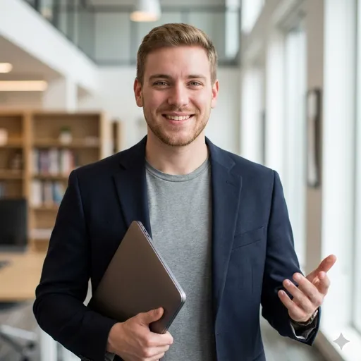 A bright modern office portrait: the subject holds a laptop and gestures mid-conversation—approachable leadership, clear communication, and founder energy.