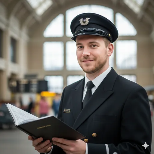 A formal rail-conductor portrait in uniform and cap, holding an open logbook in a grand station interior—professional authority, precision, and service credibility.